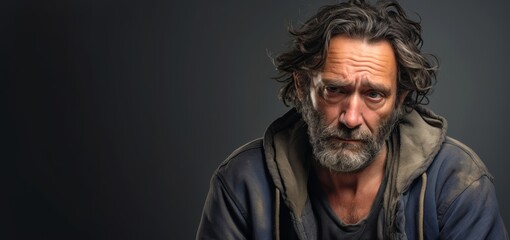 Obraz premium A homeless man, 41 years old, with a sorrowful expression, symbolizing the emotional struggles faced by those living without shelter on a solid muted background