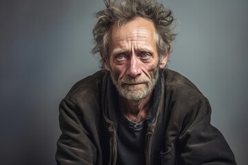  A despondent homeless man, 55 years old, illustrating the emotional complexities associated with homelessness on a solid muted beige background - obrazy, fototapety, plakaty
