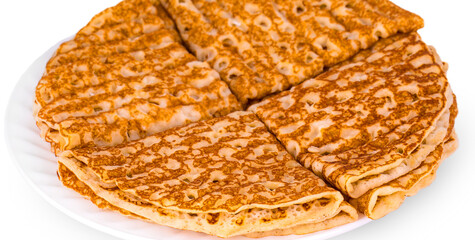 Pancakes on a white plate isolated on white background