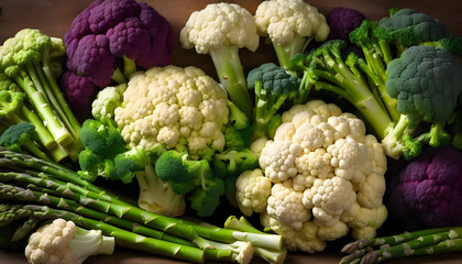 Vibrant cauliflower, broccoli, and asparagus arranged in a pleasing composition of wholesome goodness