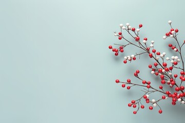 Winter Christmas and new year background with frost covered mountain ash branches with red berries
