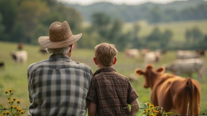 Mature farmer, adult son and grandson leaning on gate to cow field