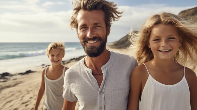 Generative AI image of a happy Scandinavian family walking on the beach closeup
