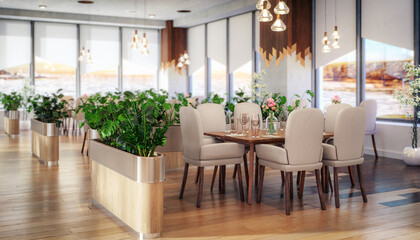 Modern Outlook Restaurant in Natural Interior Design - depht of field 3D Visualization