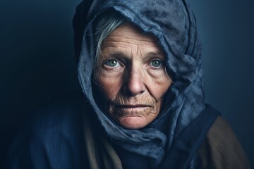  An older homeless woman, 64 years old, grappling with mental health challenges, emphasizing the vulnerability of homeless individuals on a solid muted navy background - obrazy, fototapety, plakaty