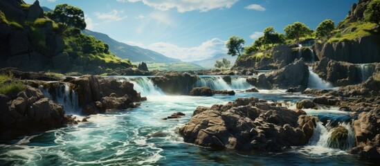 The waterfall flows from the top of steep mountain rocks against a clear sky in the background