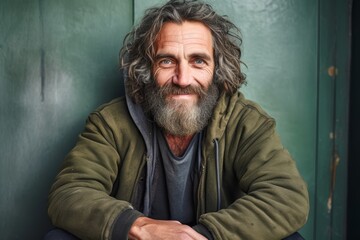 Cheerful homeless man of middle age, 46 years old, Caucasian, exuding resilience on the streets, embracing life's journey with a hopeful attitude