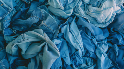 A stack of blue jeans neatly arranged, full screen background
