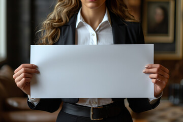 Businesswomen hands showing empty white paper with blurred background.