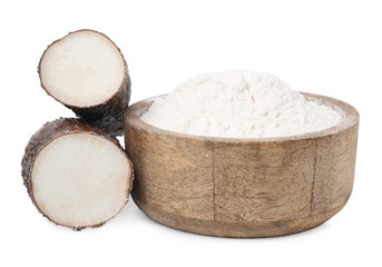 Bowl with cassava flour and cut root isolated on white