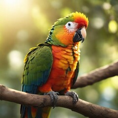 Fototapeta premium Enchanting Forest Scene: Close-Up of a Colorful Parrot Perched on a Tall Tree Branch, Bathed in Warm Sunlight, Captured in 8K Quality with Perfect Composition and High Detail