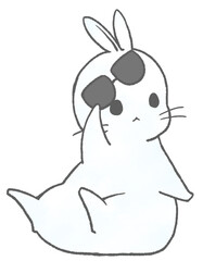 サングラスを上にあげながら右を見るうさぎ（白色）