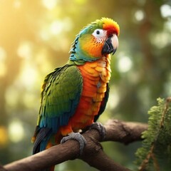 Fototapeta premium Enchanting Forest Scene: Close-Up of a Colorful Parrot Perched on a Tall Tree Branch, Bathed in Warm Sunlight, Captured in 8K Quality with Perfect Composition and High Detail