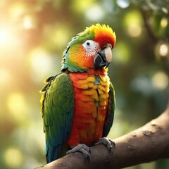 Fototapeta premium Enchanting Forest Scene: Close-Up of a Colorful Parrot Perched on a Tall Tree Branch, Bathed in Warm Sunlight, Captured in 8K Quality with Perfect Composition and High Detail