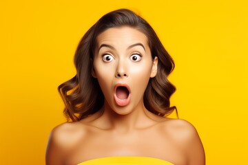 Generative AI image of Oh My. Young female shouting oh my god with open mouth, surprised by low price and sales, isolated on yellow background - Powered by Adobe