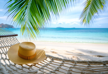 A straw hat on a hammock with a sandy beach and calm blue sea in the background. Holiday and...