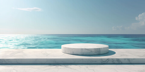 Empty white marble product display podium with sea view background. - obrazy, fototapety, plakaty