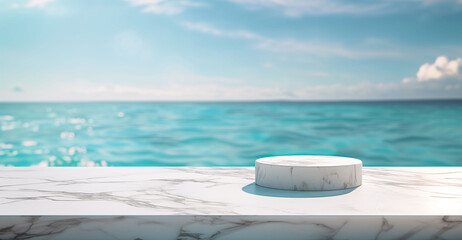 Empty white marble product display podium with sea view background.