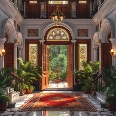 Foto op Canvas "Intérieur luxueux d'un hall d'entrée avec escaliers doubles et tapis rouge" © Estelle