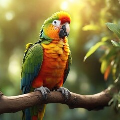 Obraz premium Enchanting Forest Scene: Close-Up of a Colorful Parrot Perched on a Tall Tree Branch, Bathed in Warm Sunlight, Captured in 8K Quality with Perfect Composition and High Detail