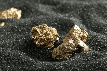 Shiny gold nuggets on black sand, closeup