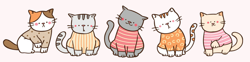 Vector Illustration of Cute Cartoon Cat Characters on Isolated Background