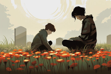 Sad woman and grief boy sitting in front of graveyard with tombstones and flowers in foreground