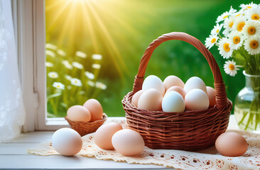 A chicken egg lies in a wicker basket by the window. - obrazy, fototapety, plakaty