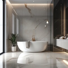 Generative AI image of a sleek, modern bathroom, luxurious marble tiles