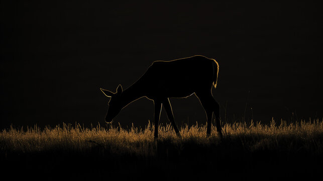 Silhouette of a deer in the grass on a black background