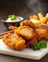 Fototapeta premium Fried Chicken presented in a Tasteful Way - Japanese Karaage Fried Chicken - Battered Chicken Deep Fried