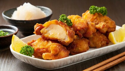 Fried Chicken presented in a Tasteful Way - Japanese Karaage Fried Chicken - Battered Chicken Deep Fried