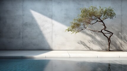 concrete wall with tree and shadow and clean clear water pool swiming reflecting water nature wall mockup template daylight
