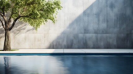 concrete wall with tree and shadow and clean clear water pool swiming reflecting water nature wall mockup template daylight 