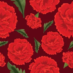 Gordijnen seamless floral pattern with buds of red carnations and green leaves on a pastel red background, template for packaging, holiday cards or textiles © Ольга Бабич