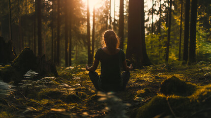 A woman is calmly meditating in the midst of a lush forest, surrounded by towering trees.