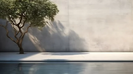 Papier Peint photo autocollant Réflexion concrete wall with tree and shadow and clean clear water pool swiming reflecting water nature wall mockup template daylight 
