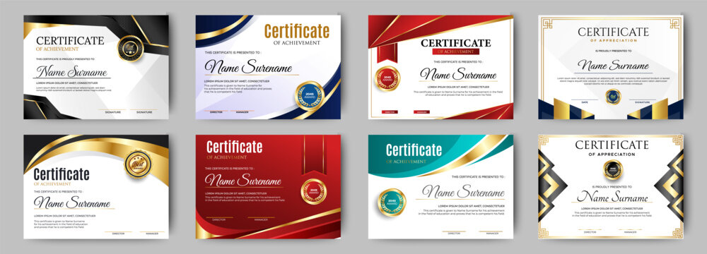 Certificates of completion template with luxury badge and modern line and shapes. Horizontal certificate For award, business, and education needs. Diploma vector template	
