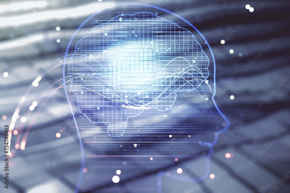 Aufkleber double exposure of creative artificial intelligence hologram on blurry metal background. neural netw