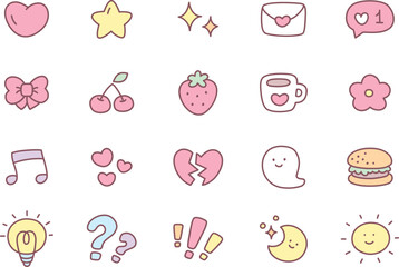 Kawaii icon set. Collection of cute hand drawn stickers isolated on a white background. Vector 10 EPS.