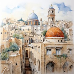 Generative AI image of Watercolor line art Jerusalem