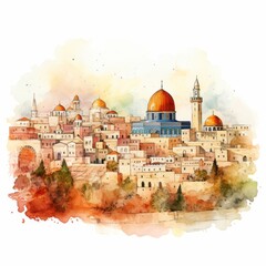 Obraz premium Generative AI image of Watercolor line art Jerusalem minimalist simple 3 tones
