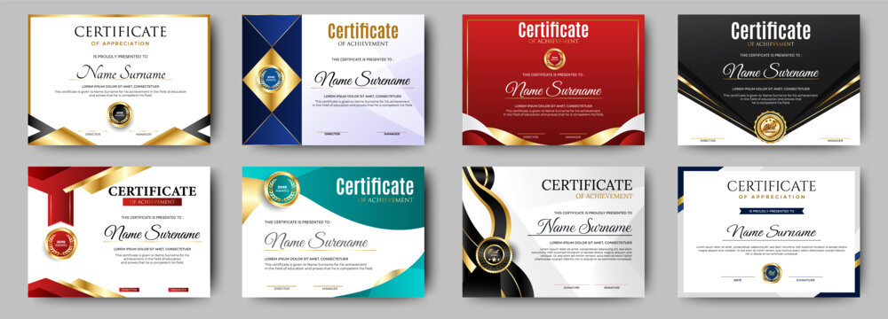 Certificates of achievement template with luxury badge. Eight choice of certificates For award, business, and education needs. Diploma vector template	
