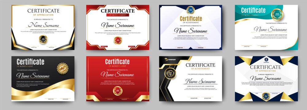 Certificates of achievement template with luxury badge. Eight choice of certificates For award, business, and education needs. Diploma vector template	
