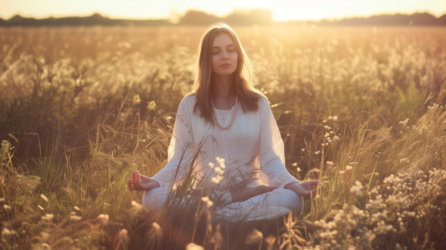 A woman sits in a field and performs yoga poses, focusing on her breathing and stretching.