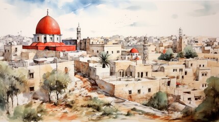 Fototapeta na wymiar Generative AI image of watercolor sketch israel Jerusalem, tones of red black and white