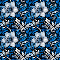 bright floral pattern in blue and black tones. seamless pattern