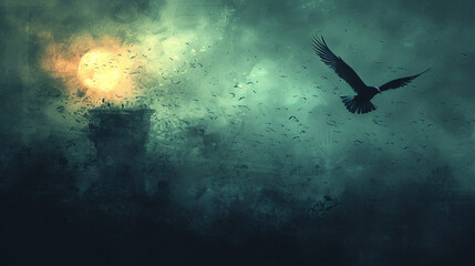 A dark bird flies in front of a full moon. Dramatic and dynamic imagery. 