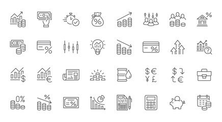 Investment line icon set. Quick approval, bank loan, percentage, trader, investor, exchange, newspaper, bond vector illustrations. Simple outline signs for financial activities. Editable Stroke