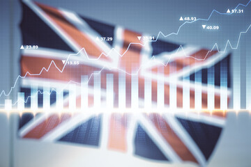 Multi exposure of abstract virtual financial graph hologram on flag of Great Britain and sunset sky...